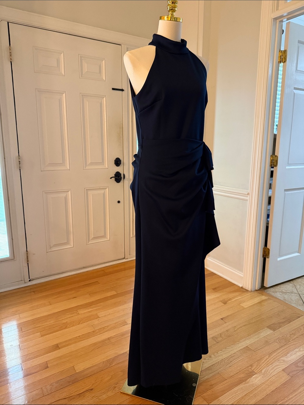 XSCAPE Navy Halter Evening Gown with Side Ruffle - Picture 6 of 7